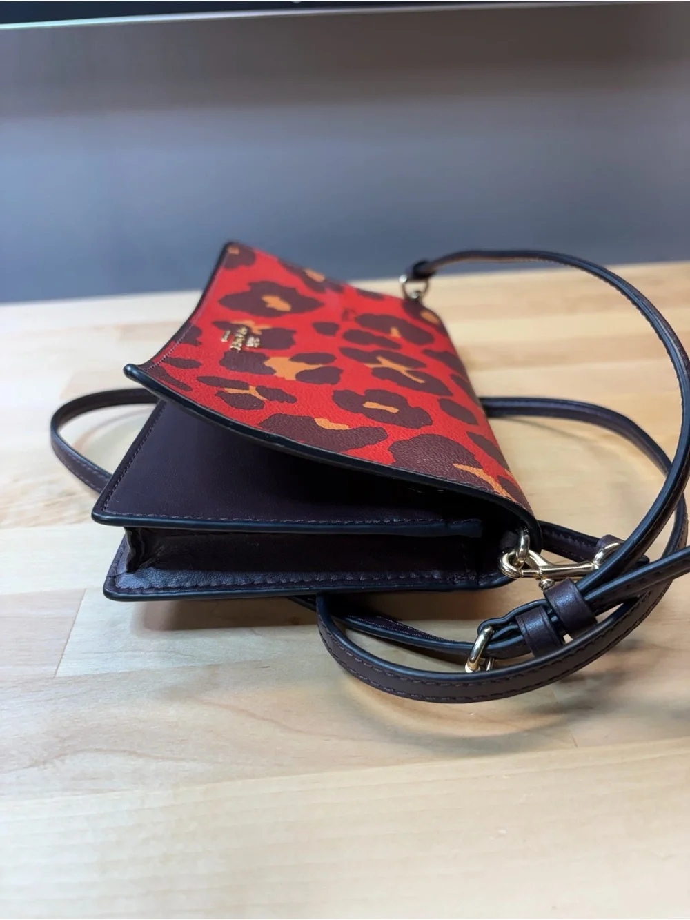 Coach Red Leopard Print Leather Crossbody Bag with Gold Logo